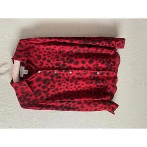 100% Silk Red Leopard Print Button Up Size 6 Corporate Maximalist Vintage